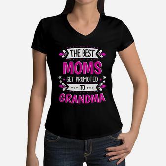 1st Time Grandma Gift Best Moms Promoted To Grandma Women V-Neck T-Shirt - Seseable