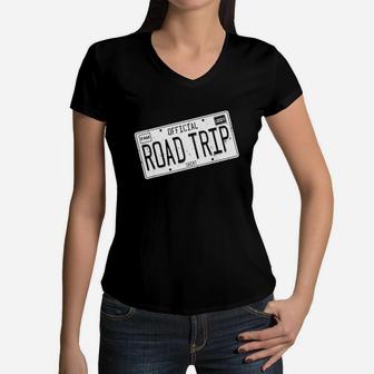 2021 Official Family Road Trip License Plate Design Women V-Neck T-Shirt - Seseable
