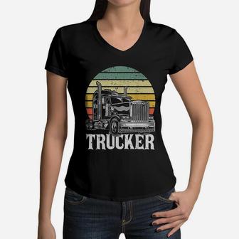 Vintage Trucker Big Rig Semi-trailer Truck Driver Gift Women V-Neck T-Shirt