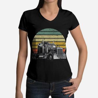 Retro Vintage Trucker Big Rig Semi-trailer Truck Driver Gift Women V-Neck T-Shirt