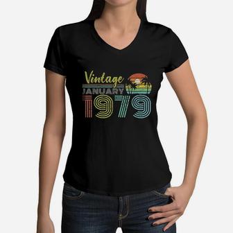 42nd Birthday Gift Vintage January 1979 Forty Years Old Women V-Neck T-Shirt - Seseable