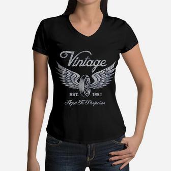 60th Birthday Vintage 1961 Aged To Perfection Vintage Motorcycle Biker Women V-Neck T-Shirt - Seseable