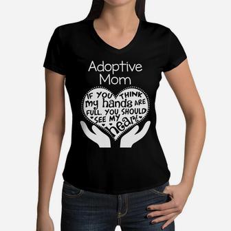 Adoptive Mom Mothers Day Gif Adoption Women V-Neck T-Shirt - Seseable