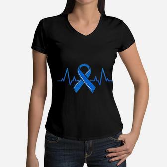 Als Heartbeat Family Blue Ribbon Awareness Warrior Gift Women V-Neck T-Shirt - Seseable