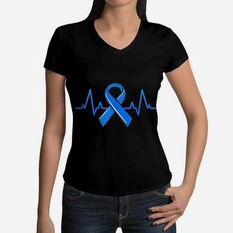 Als Heartbeat Family Blue Ribbon Awareness Warrior Gift Women V-Neck T-Shirt - Seseable