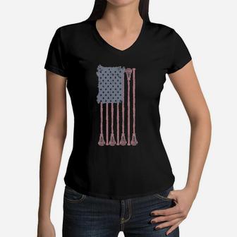 American Flag Vintage Faded Lacrosse Women V-Neck T-Shirt - Seseable