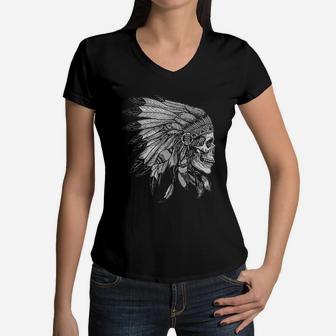 American Motorcycle Skull Native Indian Eagle Chief Vintage Women V-Neck T-Shirt - Seseable