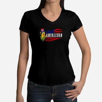 Americorn Farm Patriotic 4th Of July Veterans Flag Day Premium Women V-Neck T-Shirt - Seseable