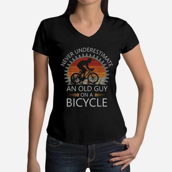 An Old Guy On A Bicycle Cycling Vintage Never Underestimate Women V-Neck T-Shirt - Seseable
