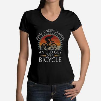 An Old Guy On A Bicycle Cycling Vintage Never Underestimate Women V-Neck T-Shirt - Seseable