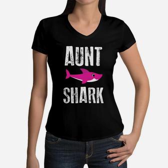 Aunt Shark Future Nephew Niece Funny Family Relatives Gift Women V-Neck T-Shirt - Seseable