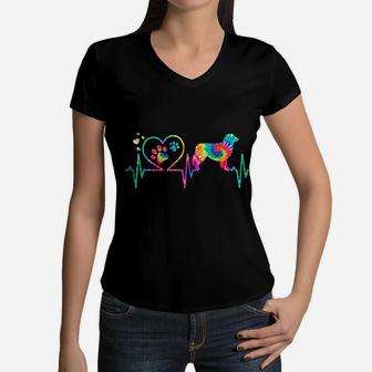 Australian Aussie Shepherd Mom Dad Heartbeat Tie Dye Gift Women V-Neck T-Shirt - Seseable