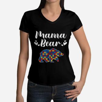 Awareness Mama Bear Puzzle Piece Women V-Neck T-Shirt - Seseable