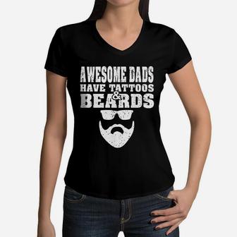 Awesome Dads Have Tattoos And Beards Vintage Fathers Day Women V-Neck T-Shirt - Seseable