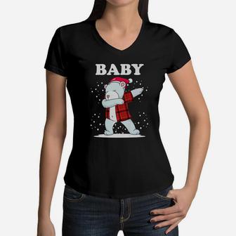 Baby Bear Matching Family Dabbing Bear Red Plaid Women V-Neck T-Shirt - Seseable