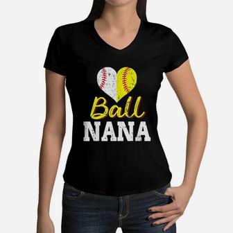Baseball Softball Ball Heart Nana Mothers Day Gifts Women V-Neck T-Shirt - Seseable