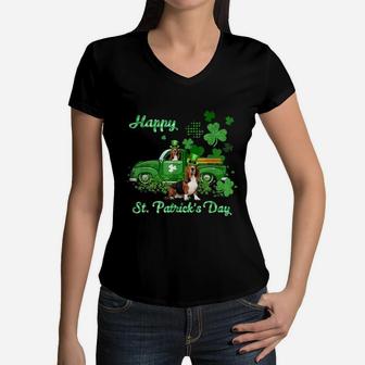 Basset Hound Riding Green Truck St Patricks Day Dog Lovers Gift Women V-Neck T-Shirt - Seseable