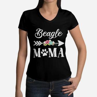 Beagle Mama With And Flowers Women V-Neck T-Shirt - Seseable