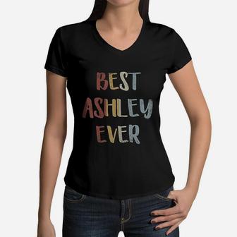 Best Ashley Ever Retro Vintage First Name Gift Women V-Neck T-Shirt - Seseable
