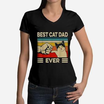 Best Cat Dad Ever Funny Cat Dad Father Vintage Gift Women V-Neck T-Shirt - Seseable