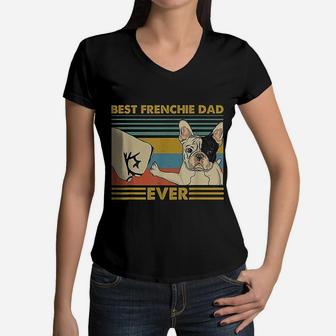 Best Frenchie Dad Ever Retro Vintage Sunset Women V-Neck T-Shirt - Seseable