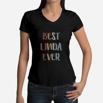Best Linda Ever Retro Vintage First Name Women V-Neck T-Shirt - Seseable