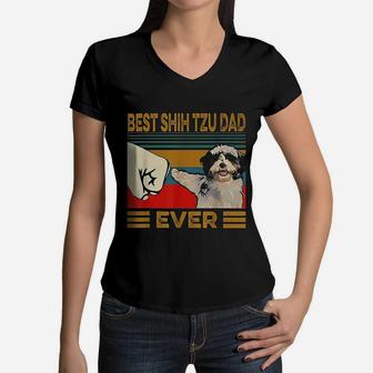 Best Shih Tzu Dad Ever Retro Vintage Women V-Neck T-Shirt - Seseable