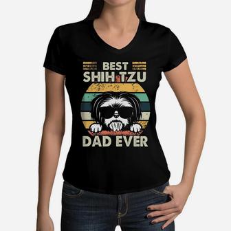 Best Shih Tzu Dad Ever Vintage Retro Women V-Neck T-Shirt - Seseable