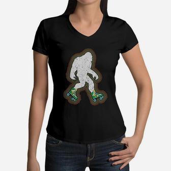 Bigfoot Skates Sasquatch Gift Clothes Vintage Roller Skating Women V-Neck T-Shirt - Seseable