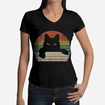 Black Cat Vintage Retro Style Cats Lover Women V-Neck T-Shirt - Seseable