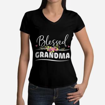 Blessed Grandma Floral Grandma Mothers Day Gift Women V-Neck T-Shirt - Seseable