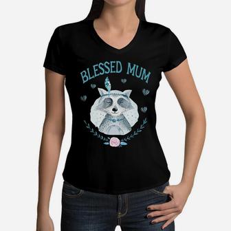 Blessed Mum Fun Raccoon Gift Idea Cute Mum Gifts Women V-Neck T-Shirt - Seseable