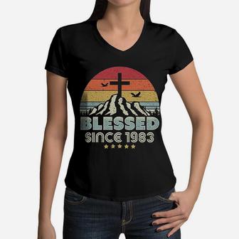 Blessed Since 1983 Vintage Christian Birthday Gift Women V-Neck T-Shirt - Seseable