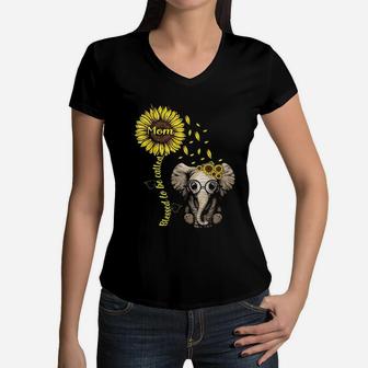 Blessed To Be Called Mom Sunflower Elephant Sunflower Women V-Neck T-Shirt - Seseable