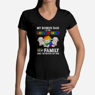 Bonus Dad Rainbow Sheep Family Proud Gay Pride Women V-Neck T-Shirt - Seseable