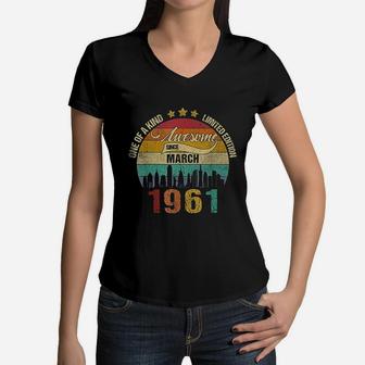 Born In March 1961 Vintage 61st Birthday 61 Years Old Bday Women V-Neck T-Shirt - Seseable