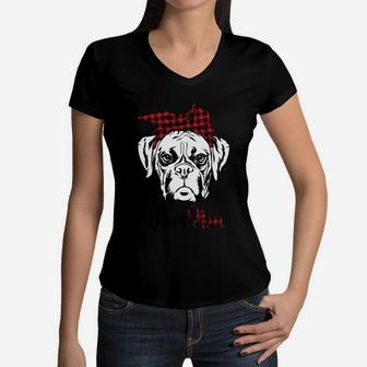 Buffalo Plaid Boxer Mom Dog Mom Women V-Neck T-Shirt - Seseable