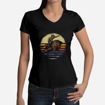 Bull Riding Rodeo Rider Cowboy Western Vintage Retro Gift Women V-Neck T-Shirt - Seseable