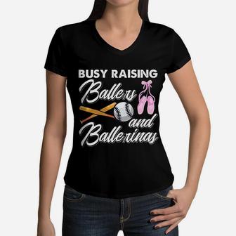 Busy Raising Ballers And Ballerinas Baseball Dance Mom Women V-Neck T-Shirt - Seseable