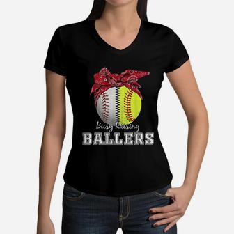 Busy Raising Ballers Softball Baseball Baseball Mom Gift Women V-Neck T-Shirt - Seseable