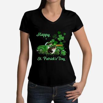 Calico Riding Green Truck St Patricks Day Cat Lovers Gift Women V-Neck T-Shirt - Seseable