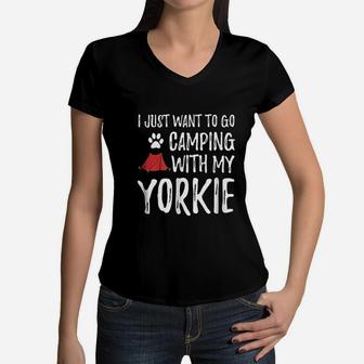 Camping Yorkie For Funny Dog Mom Or Dog Dad Camper Women V-Neck T-Shirt - Seseable