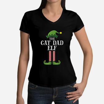 Cat Dad Elf Matching Family Group Christmas Party Women V-Neck T-Shirt - Seseable