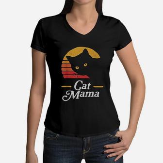 Cat Mama Vintage Eighties Style Cat Retro Distressed Women V-Neck T-Shirt - Seseable