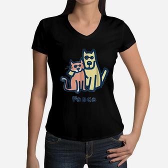 Cat Mom Dog Mom Peace Together I Love Pets Women V-Neck T-Shirt | Seseable CA