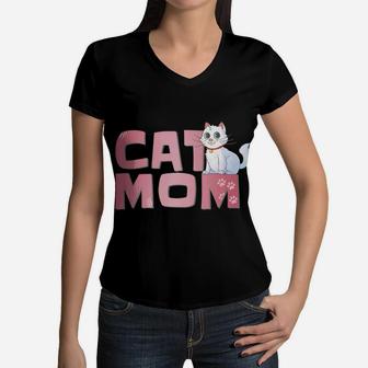 Cat Mom White Ca Cat Mommy Cat Lover Gift Women V-Neck T-Shirt - Seseable