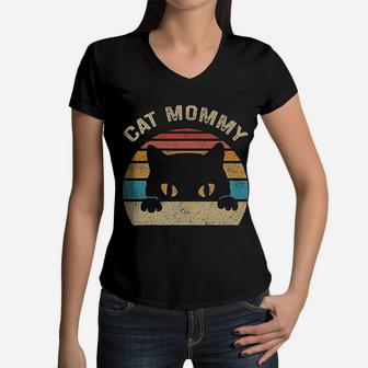 Cat Mommy Vintage Retro Black Cats Women V-Neck T-Shirt - Seseable