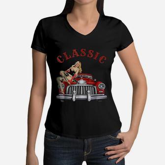 Classic Vintage Old School Car Pin Up Girl Women V-Neck T-Shirt - Seseable