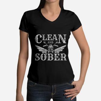 Clean And Sober Biker Vintage Sobriety Motorcycle Women V-Neck T-Shirt - Seseable