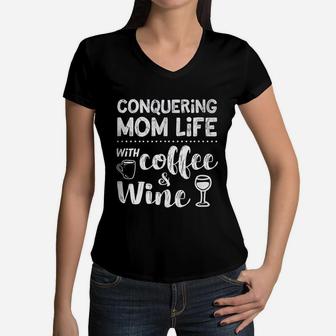 Coffee Wine Drinker Mom Life Drinks Women V-Neck T-Shirt - Seseable